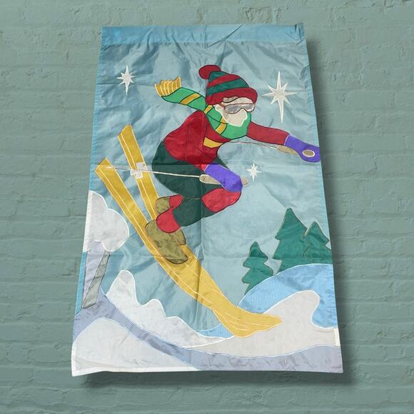 Downhill Skier House Flag Snow Outdoor Yard Decor Winter Skiing Seasonal Vintage - Picture 7 of 7